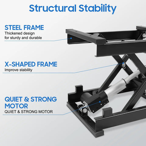 Top Shelf Electric Scissor Lift Table With Remote Control Height Adjustable Platform Up To Sixteen Inches showing a steel frame and strong motor design for stability.