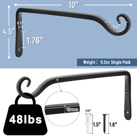 Heavy Duty Metal Wall Hooks For Hanging Plants 10 Inch 2 Pack Rust Resistant Black L Shape Brackets dimensions and weight.