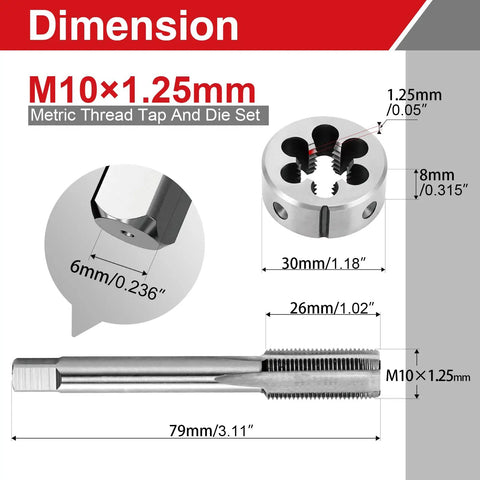 Dimensions of M10 x 1.25 Tap and Die Set for Precision Right Hand Threads with measurements and high speed steel material.