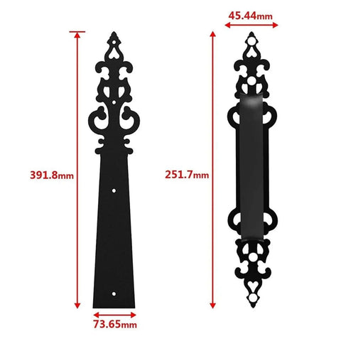 Six Piece Beafy Heavy Duty Garage Door Handle Hinges Set With Silent Hydraulic Buffer shown with measurements, decorative design.