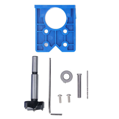 Blue ABS 35mm hinge hole saw drilling guide jig set with metal bits, screws, and Allen key