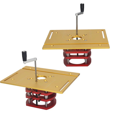 Kickass Router Lift Base For Woodworking Tables Featuring A Smooth Crank Handle For Exact Height Tuning Solid Aluminum Build, red and gold finish.