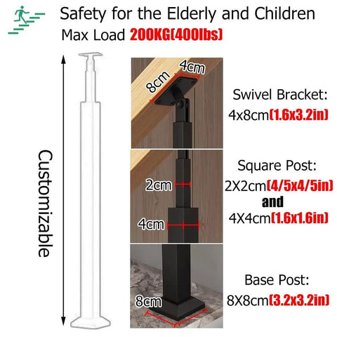 Heavy Duty Black Iron Stair Spindles Adjustable Metal Railing Posts With Flat Base Brackets Max Load 200KG displayed with dimensions.