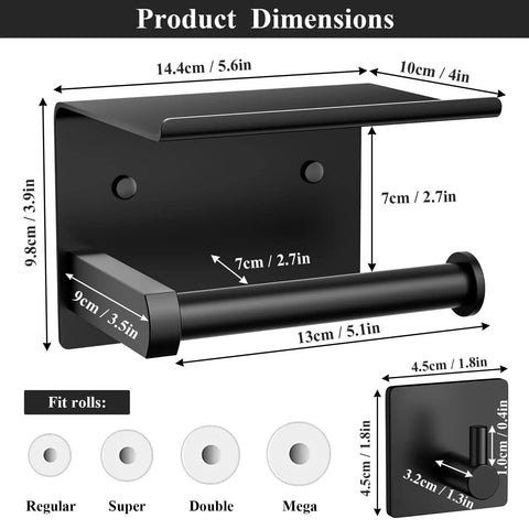 Product dimensions for Toilet Paper Holder With Shelf And Towel Hooks Wall Mount Easy Install Adhesive Or Screw Mount Stainless Steel Matte Black Bathroom Organizer Kit With Phone Shelf Rust Resistant Dope Storage Solution.