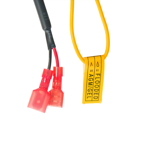 Top Shelf Heavy Duty 24 Volt 25 Amp Automatic Battery Charger For Scissor Lifts connector wires with labels for battery types.