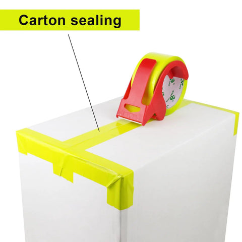 Heavy Duty Light Yellow Packing Tape Refills, 2.5 Mil Thick, applied to a carton with a red dispenser for secure seal.