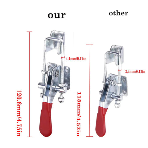 Comparison of Silver Toggle Latch Clamp Set, U Bolt Toggle Latches in 4.75 inch size, highlighting dimensions and red handle