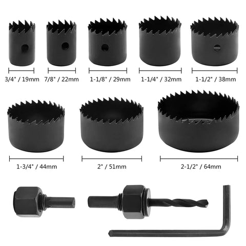 11 Piece Hole Saw Kit With Mandrel And Hex Key, Three Quarters To Two And A Half Inch Cutters, Round Hole Drill Bit Set For Wood Plastic Drywall PVC, Includes 2 Mandrels, Easy To Use, Portable Box, Heavy Duty Performance.