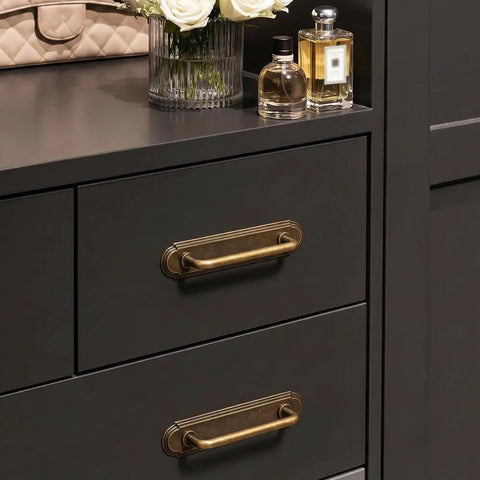 Antique Brass Cabinet Pulls With Backplates Set Of 2 3 Inch Hole Centers Vintage Inspired Drawer Handles on dark cabinet
