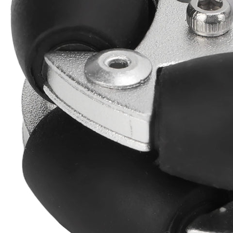 Close-up of a 48mm omnidirectional robot wheel showing aluminum build and rollers for precise movement in robotics and competitions.