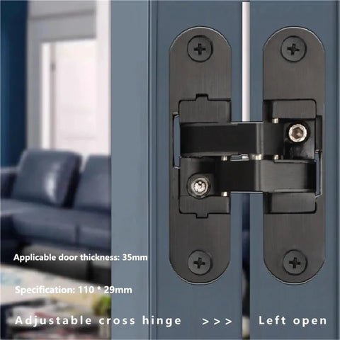 Heavy Duty Hidden Door Hinge For Sleek Invisible Panels With Three D Adjustability And Smooth One Eighty Degree Flat Folding For Rock Solid Mounting And No Sweat Assembly, focusing on adjustable cross hinge detail.