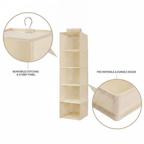 Vertical Hanging Closet Shelf Organizer Multi Tier Open Compartments Hella Efficient Linen Sock Towel Storage No Drilling Needed Super Easy Access To Maximize Closet Height, showcasing durable design and reinforced stitching.