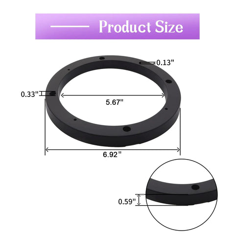 Product size of Premium 6.5 Inch Car Speaker Spacer Rings with dimensions, sleek black plastic, for accurate fitting.
