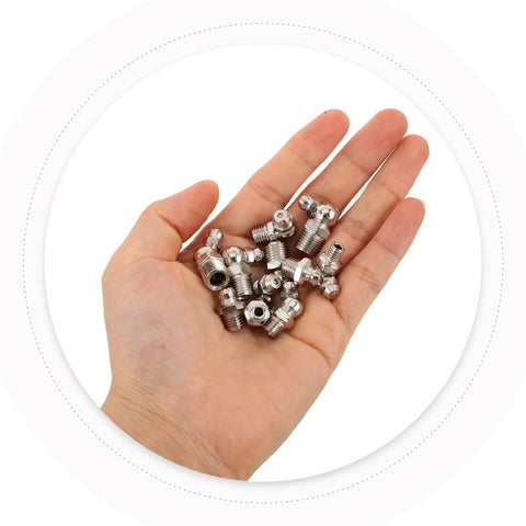 Heavy Duty Zerk Fitment Kit With M6 M8 M10 Thread Sizes For Tractor And Truck Repair Featuring 45 90 180 Degree Angles To Fix Grease Supply Issues On Construction Equipment And Vehicles Effortlessly, assorted steel grease fittings in hand