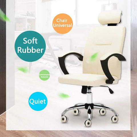 Rock Solid Office Chair Replacement Casters With Silent Rubber Tires Set Of Five, Smooth As Silk 360 Swivel Rollers That Glide Effortlessly On Carpet Or Tile, Heavy Duty Upgrade on a cream office chair with soft rubber casters.