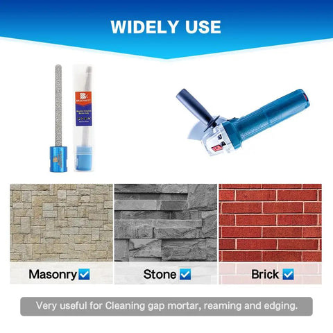 Go To Mortar Raking Bit For Tuck Pointing And Brick Removal, Pro Grade Vacuum Brazed Bit For Granite Marble Concrete Masonry Stone, Five Eighths By Eleven Thread, Five Sixteenths Inch By Four Inch Length next to angle grinder, masonry, stone, brick surfaces shown