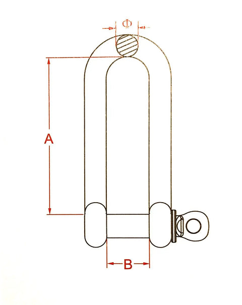 Technical drawing of 316 Stainless Long D Shackle One Quarter Inch Marine Grade Dee, Corrosion Resistant, dimensions labeled