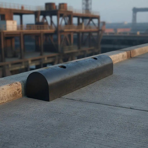 Semi Circular Black Rubber Dock Guard Extruded Protector on concrete dock in marine setting