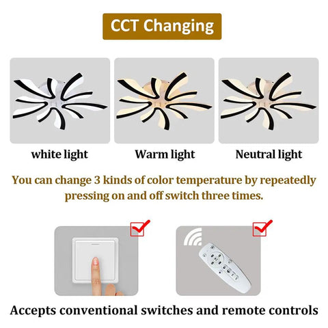 Color temperature adjustment options for Chandelier Modern Ceiling Light With Remote Control, dimmable acrylic LED, 27.5 inch diameter.