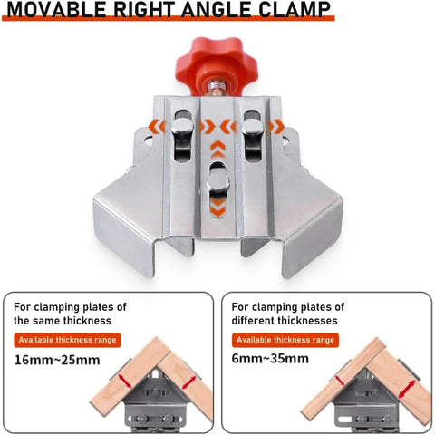 Movable right angle clamp fixture for woodworking, stainless steel, adjustable grips for varied thicknesses, precision tool.