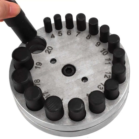 Round Disc Cutter Set For Jewelry And Metalworking Steel Pro Grade Kit With 17 Dies, showing close-up of numbered dies