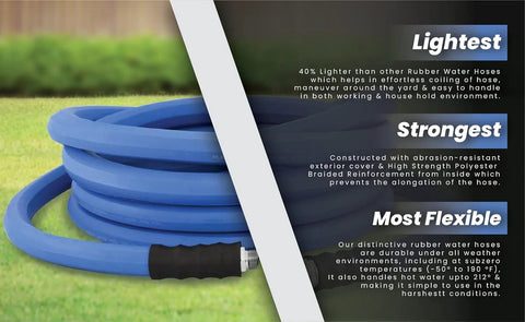 Front view of blue rubber garden hose, 5/8 in × 25 ft, coiled on grass with metal connector