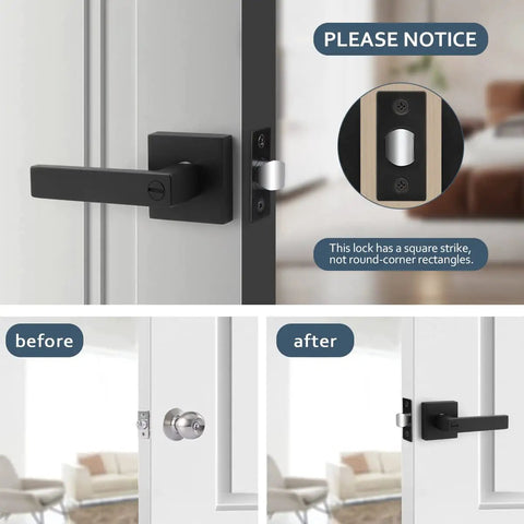 Six Pack Privacy Door Handles Black No Keys For Bedroom And Bathroom Interior Levers Modern Square Door Knobs with Strike