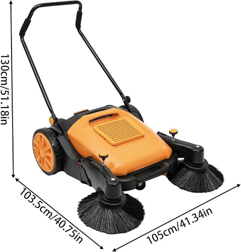 41.34 Inch Heavy Duty Manual Floor Sweeper With 14.53 Gal Dustbin For Outdoor Patios Driveways showing side view and dimensions.