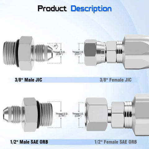 Hydraulic Hose Connector Three Eighths Inch JIC Thirty Seven Degree Flare Male To One Half Inch SAE ORB Male Adapter For No Drip Leak Free Easy Install High Pressure Hydraulic Line Connections Straight Fitting For JIC To O Ring Boss Systems. 3/8" JIC to 1/2" SAE ORB carbon steel adapter