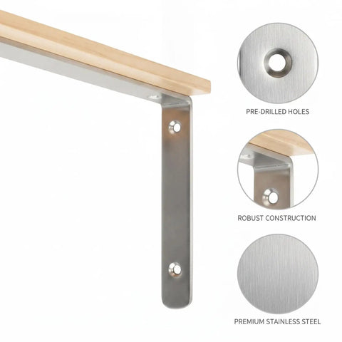 Heavy Duty Stainless Steel L Bracket Corner Brace For Floating Shelves And Furniture Reinforcement, 90 Degree Locking, 5.9 By 3.9 Inch, One Pack