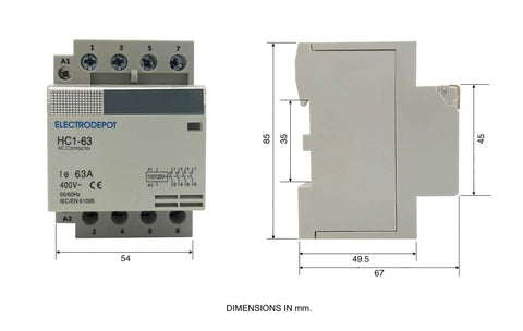 Front and side view of 60 Amp 4 Pole Normally Open Contactor With 110 To 120V Coil For Motor Load 40A And Lighting 63A