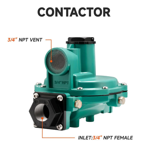 Two-stage LP gas regulator for grills with 3/4 inch NPT vent and inlet, shown in a detailed close-up.