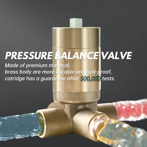 Close-up of Brushed Gold Shower System pressure valve with durable brass body and hose connections, ensuring stability and rust-proof performance.