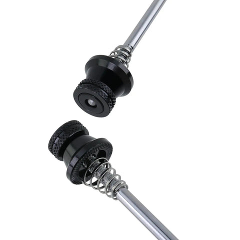 Close-up of Locking M5 Hex Bike Wheel Skewers Quick Release Anti Theft Set with aluminum alloy construction, black heads.