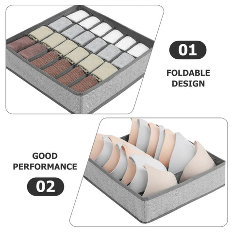 Four Piece Slick Underwear Storage Organizers Featuring Nifty Grid Layouts For Foldable Oxford Fabric Drawer Bins And Wardrobe Packing Boxes with socks and bras.