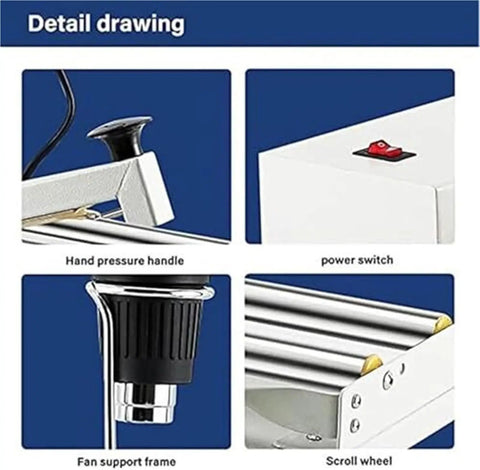 Pro Shrink Wrap Sealing Machine With Heat Cutting Bar Simultaneous Seal And Cut Function showing power switch and scroll wheel.