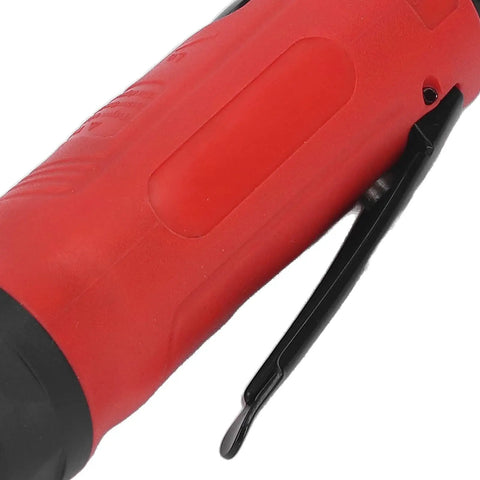 Close-up of the Heavy Hitter Pneumatic Air Die Grinder Turning 18000 RPM with a red and black ergonomic handle.