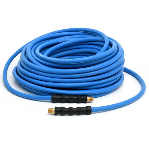 Lightweight Half Inch 100 Foot Rubber Air Hose With 300 PSI coiled with connectors, kink-resistant and lays flat