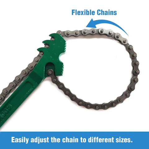 Heavy Duty Chain Wrench Set 3 Piece Adjustable Oil Filter Chain Wrenches 9 Inch, 12 Inch, And 16 Inch Fits 1.5 To 8 Inch Diameter For Pipe And Car Repair Carbon Steel Rust Resistant, showing green handle with flexible chain.