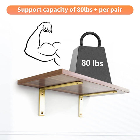 Badass Gold L Shelf Brackets supporting a shelf with 80 lbs weight, showcasing sturdy heavy duty design for DIY open shelving.