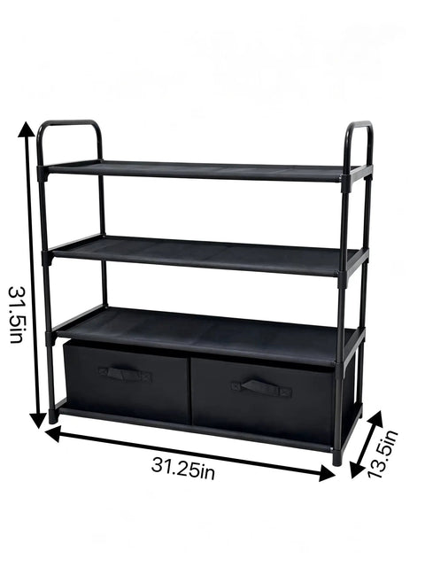 Four Shelf Closet Storage Rack Featuring Two Removable Fabric Storage Boxes Zero Sweat Metal Frame Assembly Black organizer with dimensions 31.25in x 31.5in x 13.5in.