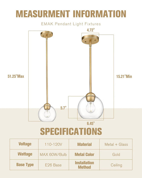 Two Pack Modern Gold Pendant Lights With Clear Glass Globes For Kitchen Island Dining Room Bedroom Hallway And Bathroom Trendy Lux Metal Finish With Wow Factor, detailed specifications and measurements.