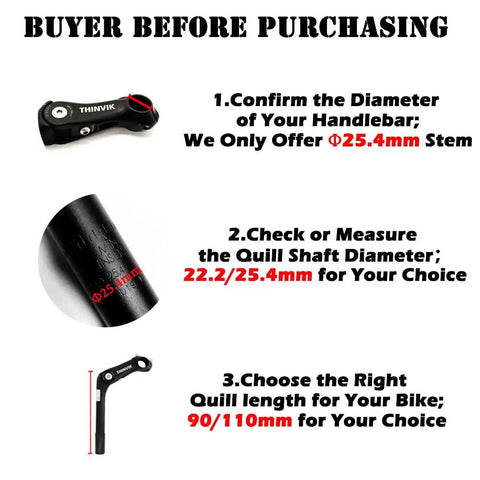 Instructions for choosing a Ride Ready Quill Bike Stem, highlighting 25.4mm handlebar and 22.2/25.4mm quill shaft diameter.