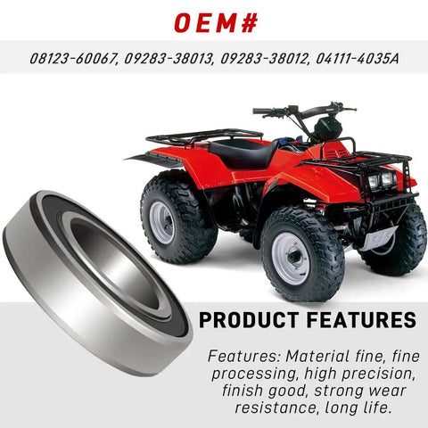 Top Tier Hardcore Front Wheel Bearing Seals Kit For Suzuki Eiger King Quad Vinson Quadrunner Atv Rig Years 2002 To 2015 Beater Proof Smooth Swap Repair Parts with a red Suzuki ATV and bearing.