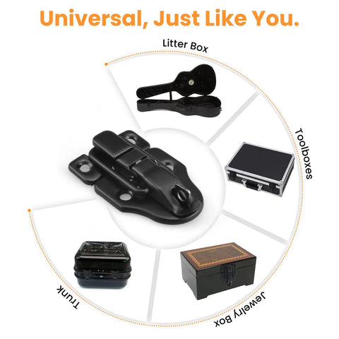 Four Pack Black Toggle Hasp Latches With Hardened Screws Heavy Duty Buckle Locks for cases and boxes displayed in a circle diagram