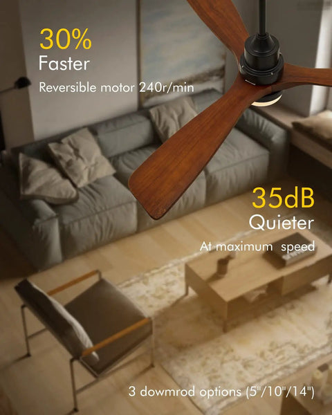 Sleek 52 Inch Black Ceiling Fan With Lights 3 Mahogany Wood Blades Remote Control Ultra Quiet Reversible DC Motor in living room