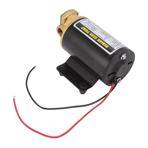 12V Electric Gear Oil Pump With Thermal Protection Motor featuring brass housing and wires for engine oil transfer.