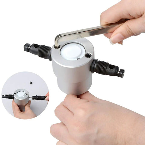 Dope Double Head Metal Nibbler Cutter With Nonslip Handle Fits Electric Drill for Straight And Curved Cuts on thin metal sheet, hands using tools.