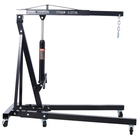 Heavy Duty 2 Ton Folding Engine Hoist Shop Crane With Hydraulic Pump, black steel frame with six swivel casters.