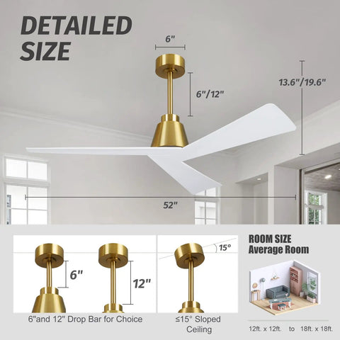 52 Inch Ceiling Fan With Lights And Remote Low Profile Design Walnut Solid Wood Blades Dimmable LED Light 8 Hour Timer 6 Speed Reversible Motor Ideal For Living Room Farmhouse Patio, shown with detailed size dimensions.
